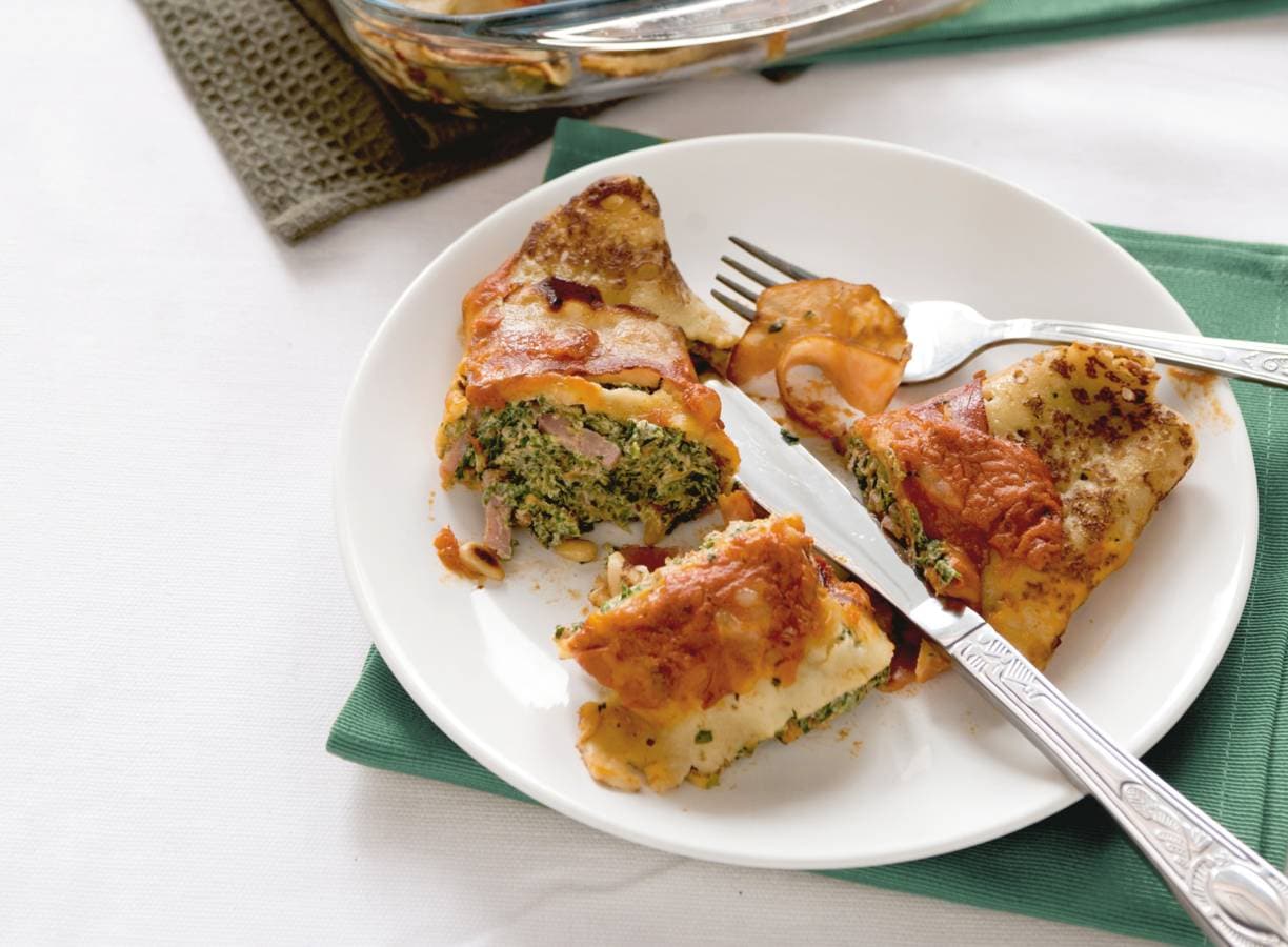 Hartige gevulde pannenkoekjes met spinazie, ham & spek