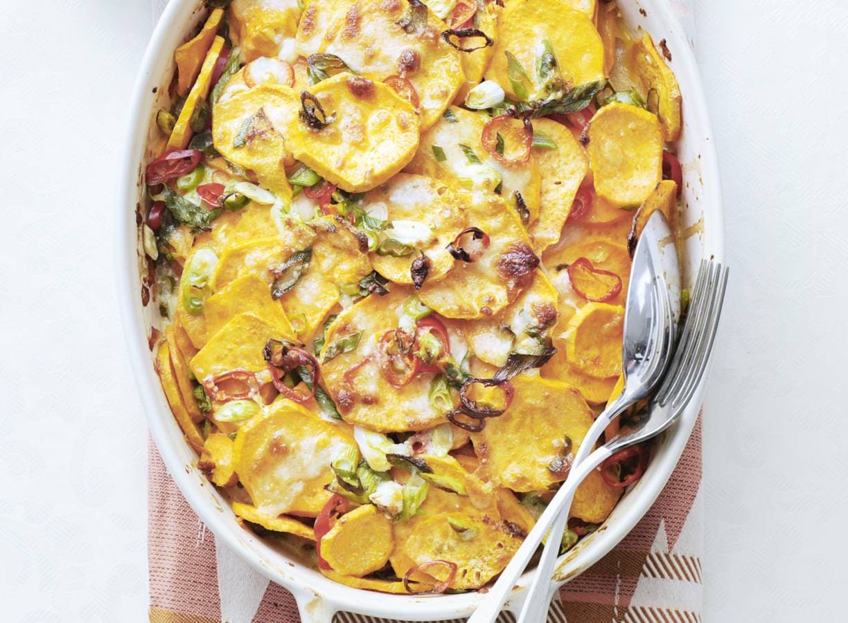 Zoeteaardappelgratin met bosui