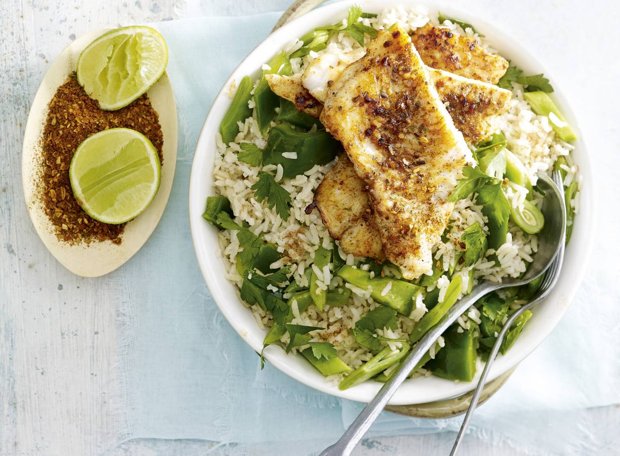 Caribische vis met groene pilav