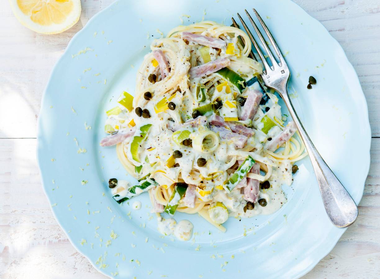 Linguine met prei & ham