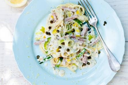 Linguine met prei & ham
