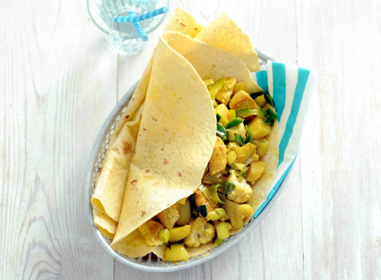 Roti met bloemkool, prei en kip