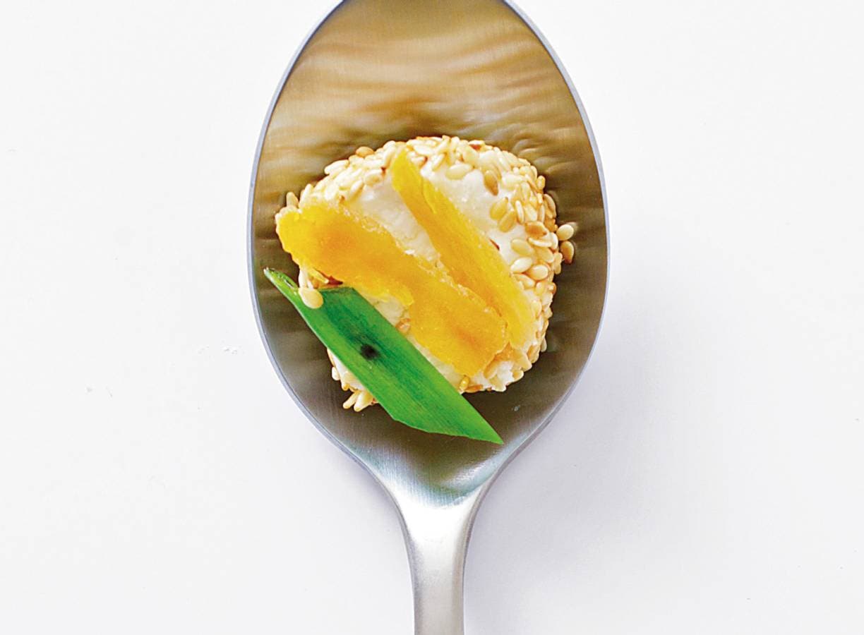 Geitenkaasrolletjes met sesam en abrikoos