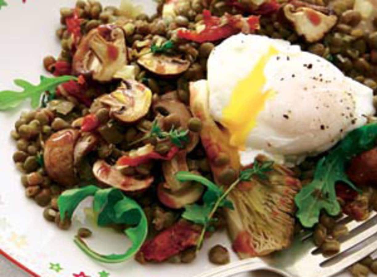 Linzensalade met paddenstoelen