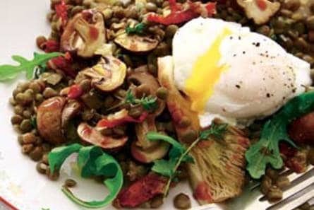Linzensalade met paddenstoelen