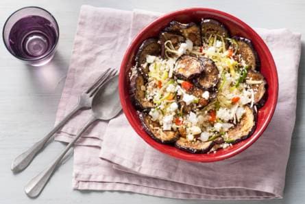 Gemarineerde aubergine met couscous en geitenkaas