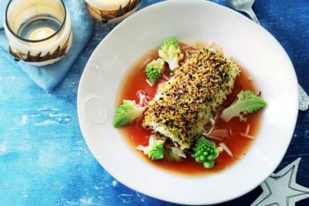 Kabeljauw in tomatenconsommé
