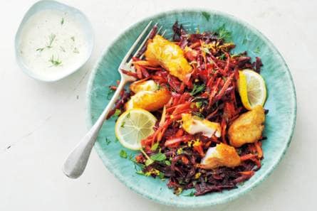 Wortelsalade met biet en kibbeling