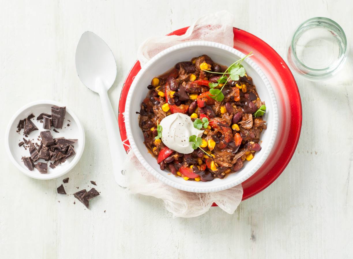 Chili con carne met stoofvlees, koffie en chocolade