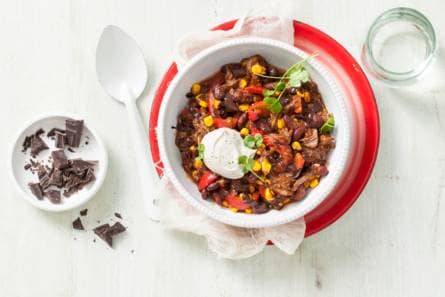 Chili con carne met stoofvlees, koffie en chocolade