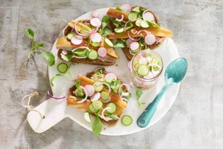 Toast met ge­rook­te ha­ring en ra­dijs