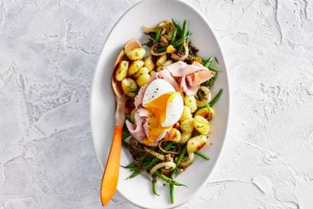 Truffelgnocchi met haricots verts, ei en fricandeau