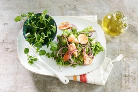 Zalm met waterkers-erwtenpuree