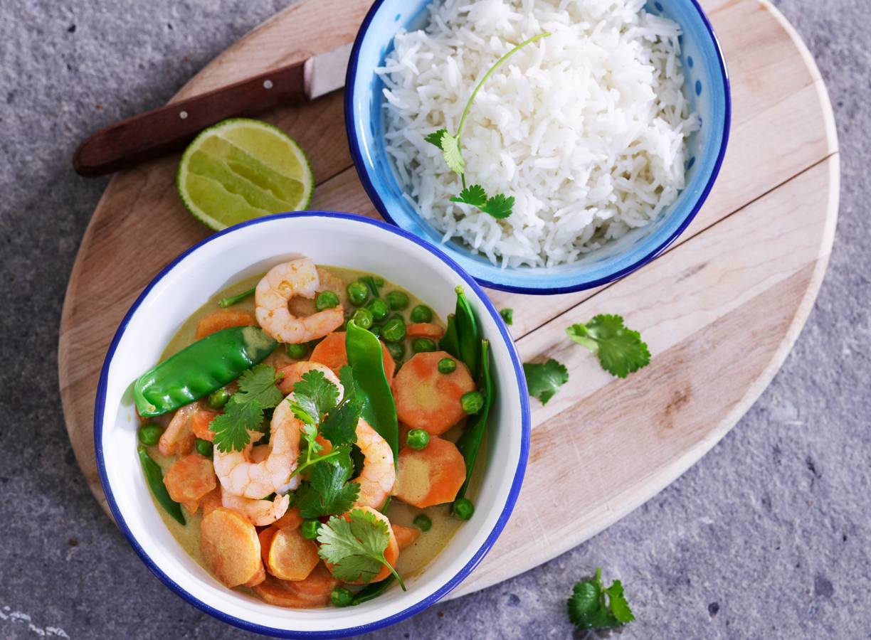 Groene curry met garnalen