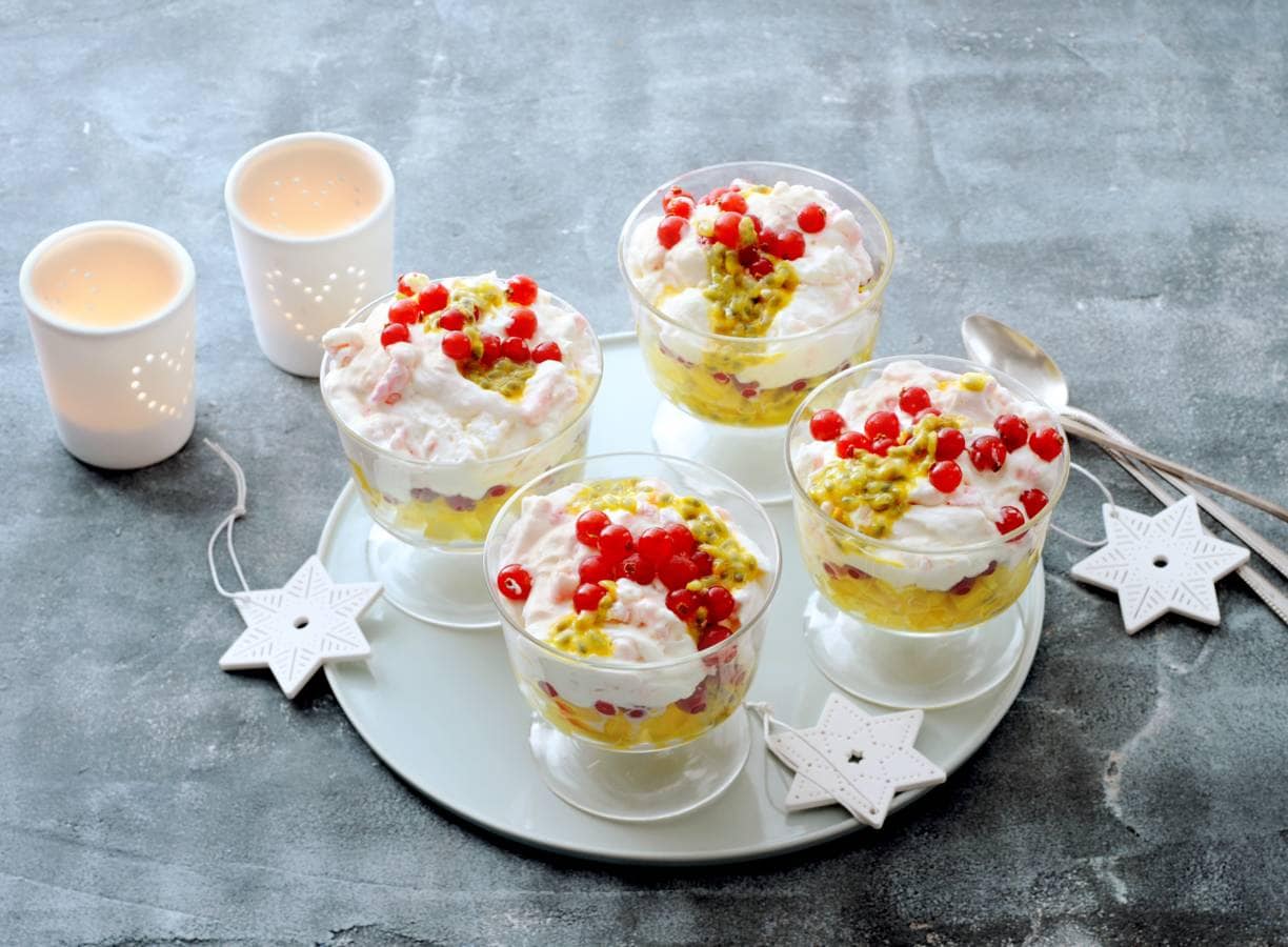 Trifle met meringue, mango en passievrucht