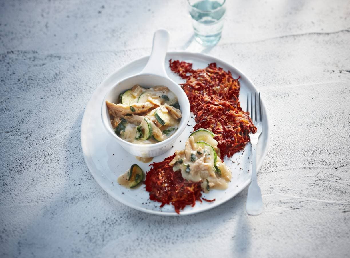 Aardappel-bietenrösti met vega-kipragout