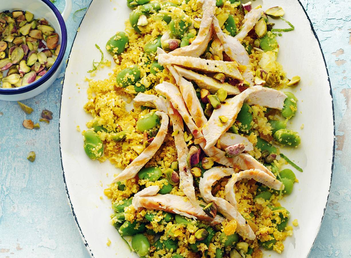 Bloemkoolcouscous met kalkoen en tuinbonen