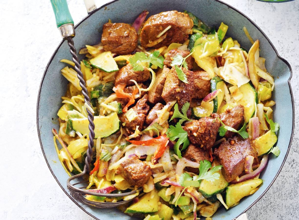 Groentecurry met rijst en biefstuk