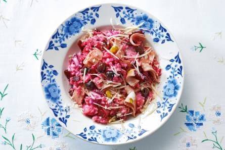 Romige bietenrisotto met Italiaanse mortadella
