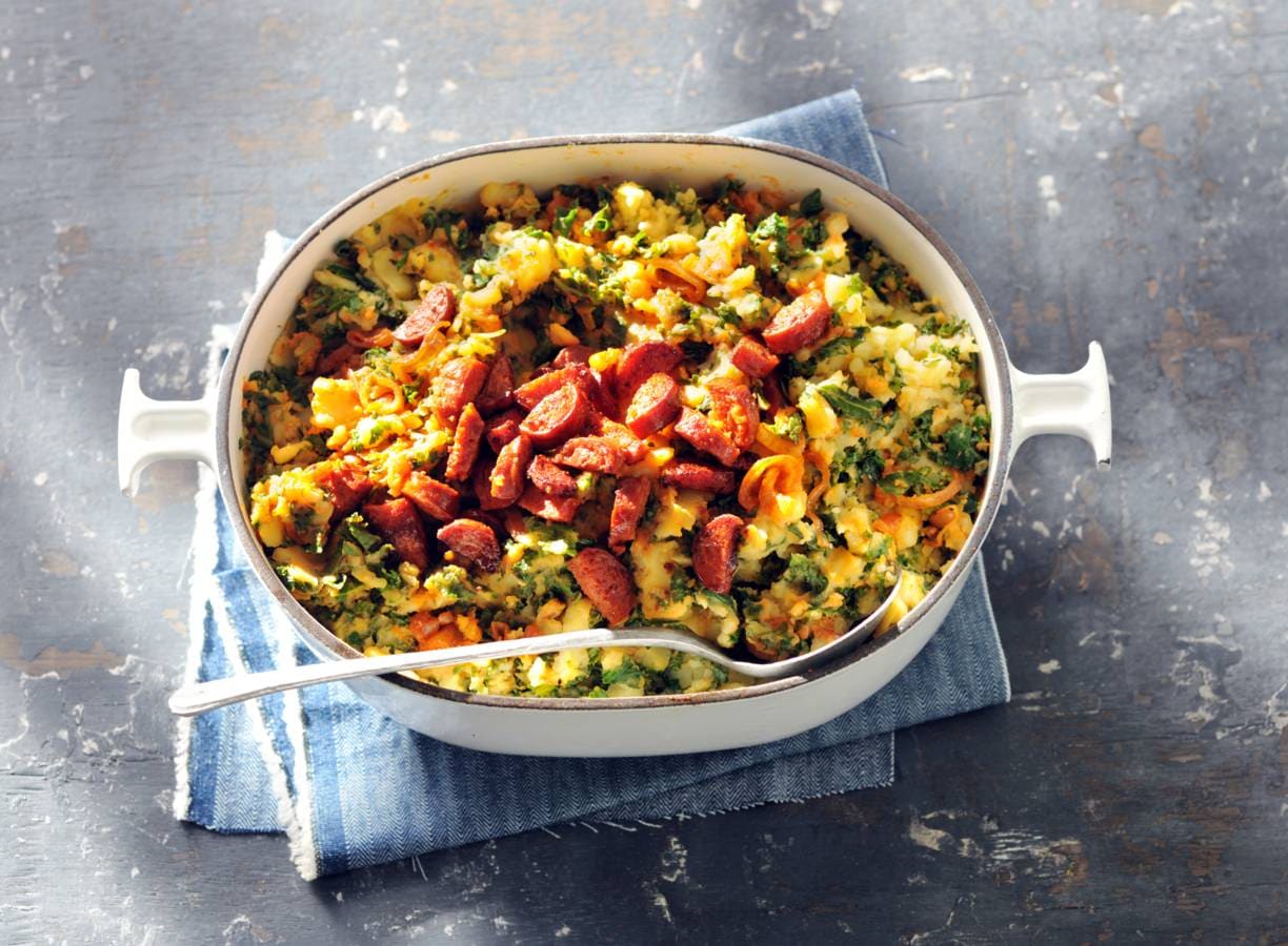Boerenkoolstamppot met uitgebakken chorizo