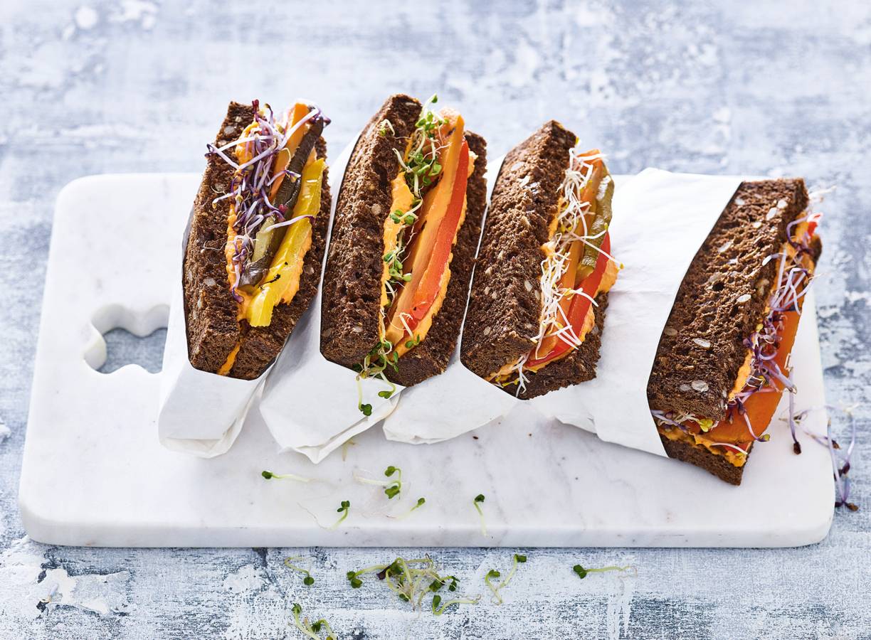 Donker meergranenbrood met hummus en kiemgroenten