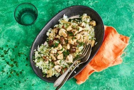 Kipragout met kastanjechampignons & broccolirijst