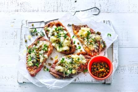 Entrecote met quattro formaggio-topping