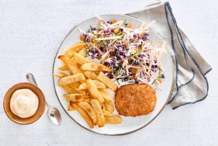 Kabeljauwburger, Vlaamse friet en coleslaw