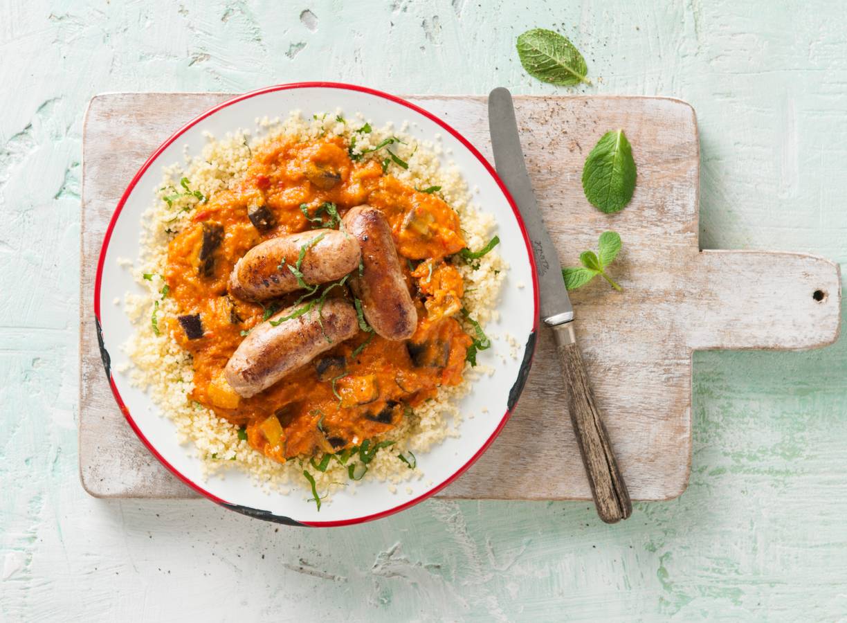 Couscous met Catalaanse braadworstjes & gebakken aubergine