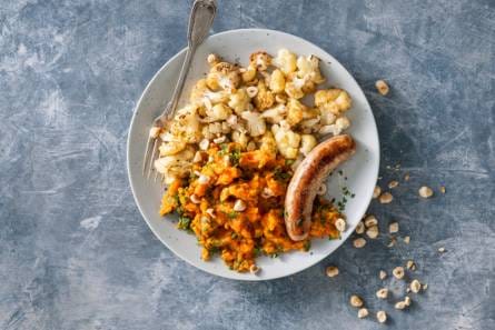 Geroosterde bloemkool met zoete-aardappelpuree