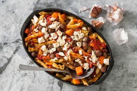 Pompoen uit de oven met runderballetjes en penne