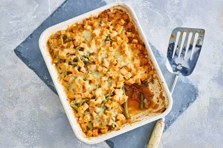 Gehaktschotel met een dakje van zoete aardappel