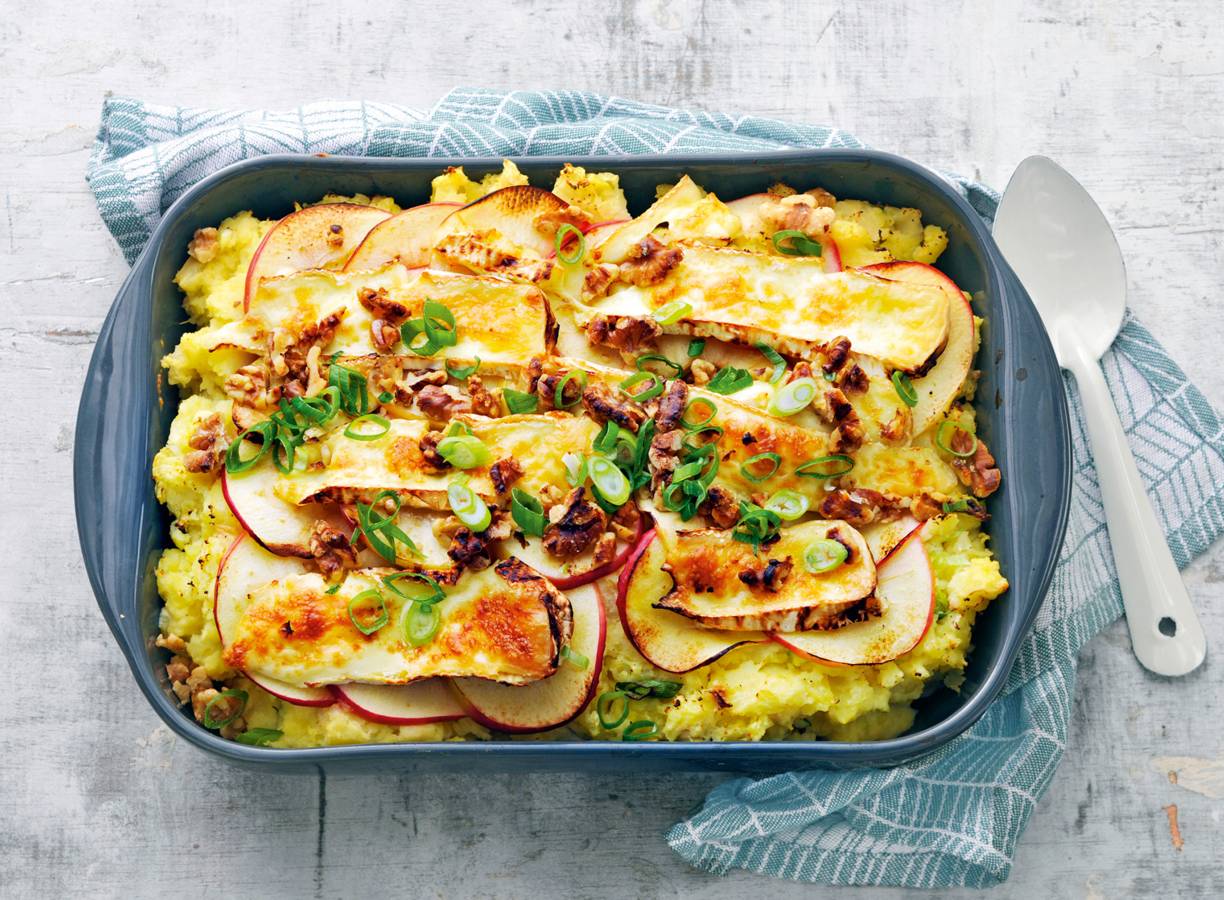 Knolselderijgratin met appel en walnoten