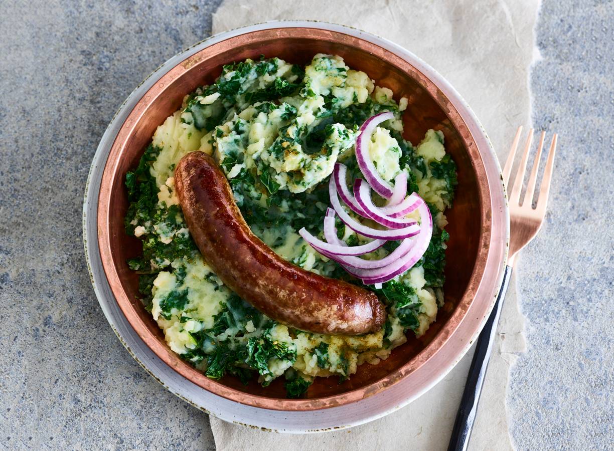 Thaise boerenkoolstamppot met curryworst