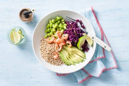 Gepofte quinoasalade met rodekool, avocado en rivierkreeftjes