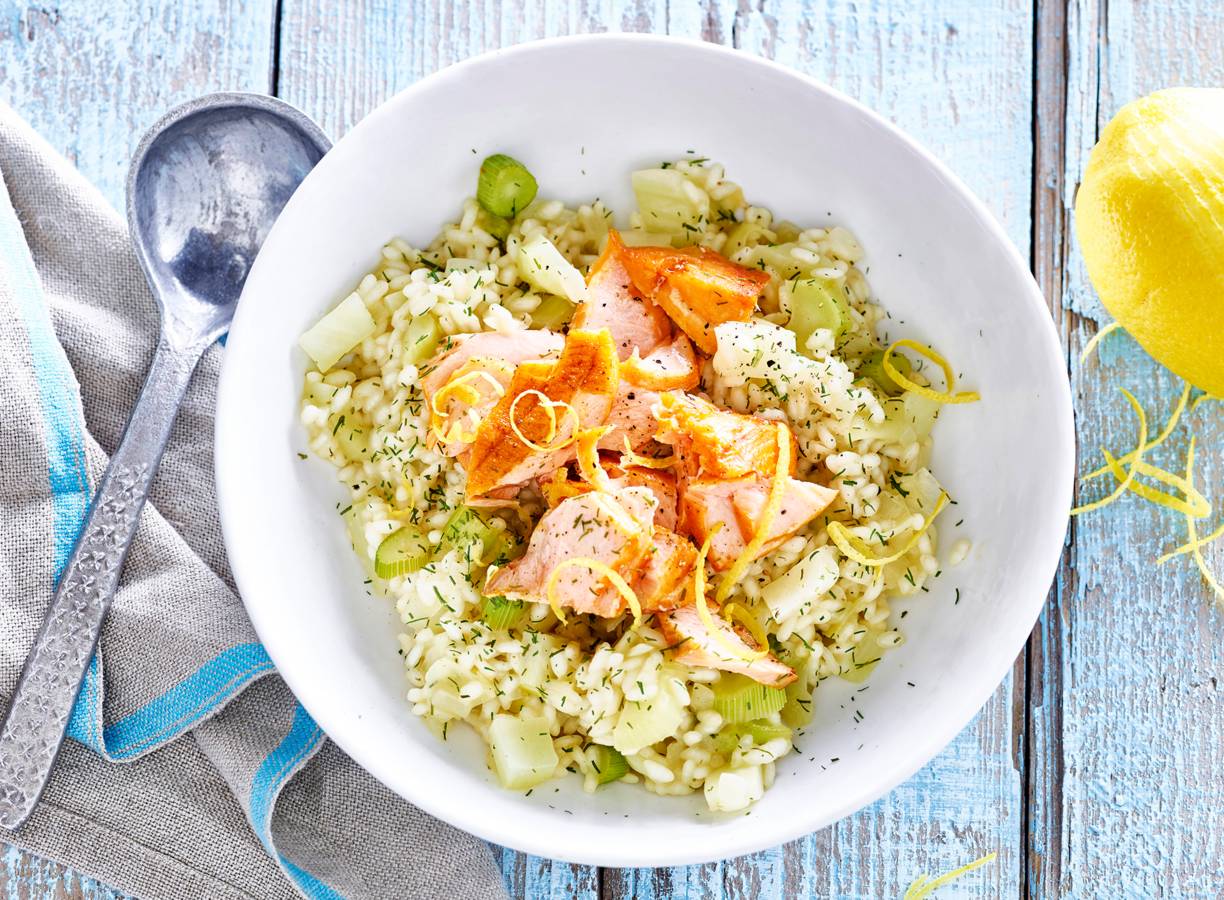 Venkelrisotto met warmgerookte zalm