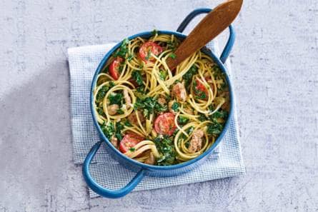 Spaghetti met boerenkool en braadworst