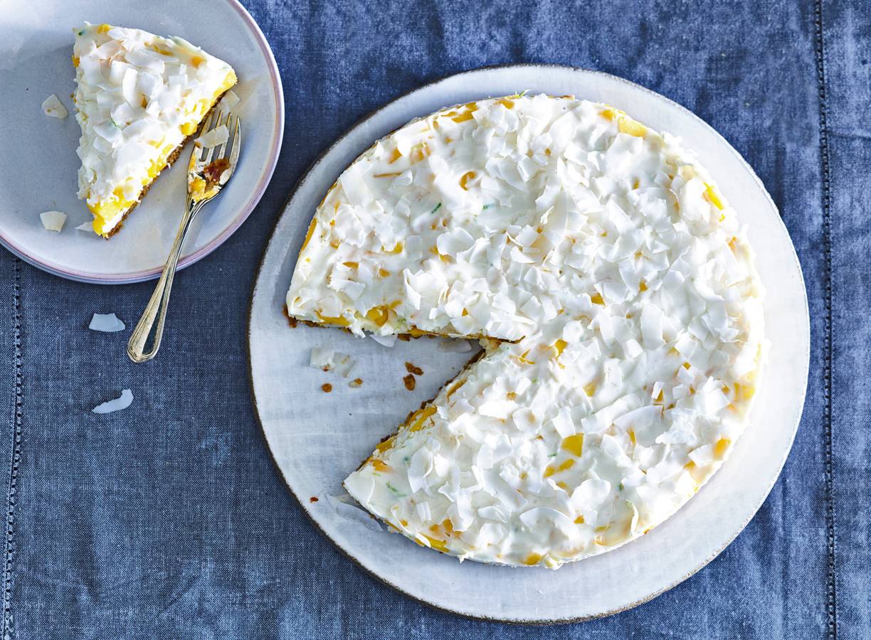 Kwarktaart met kokos en mango