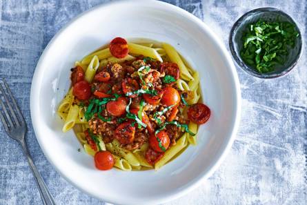 Penne alla bolognese met kipgehakt en linzen