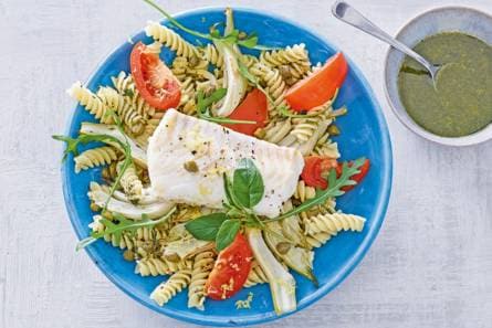 Kruidenfusilli met kabeljauw en groenten uit de oven