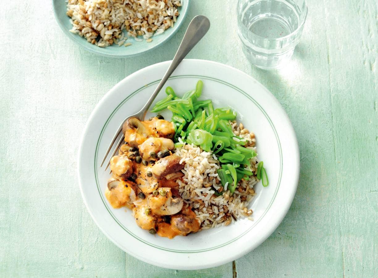 Paddenstoelenstroganoff met meergranenrijst