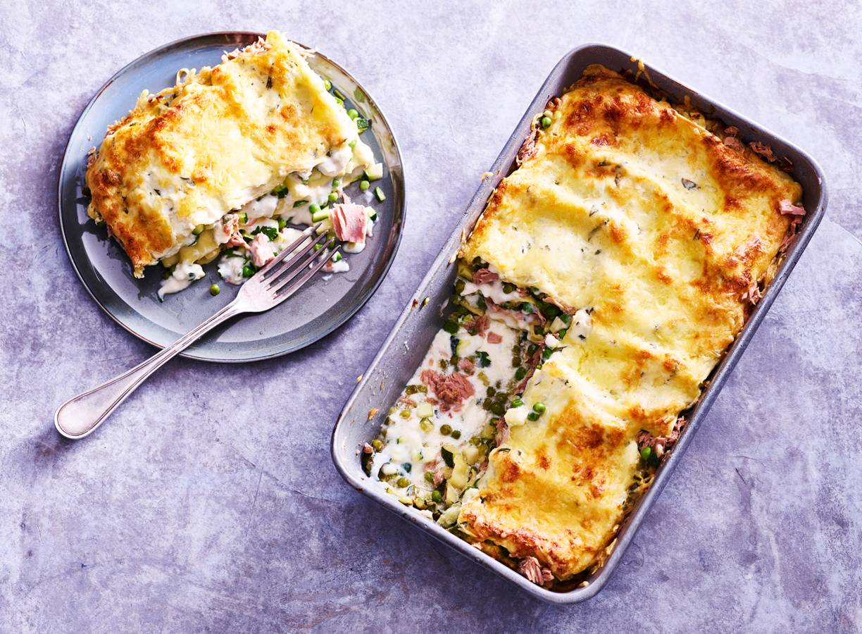 Tonijnlasagne met groene groenten en selderij-ricottasaus