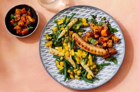Spicy zoete aardappel met gegrilde braadworst
