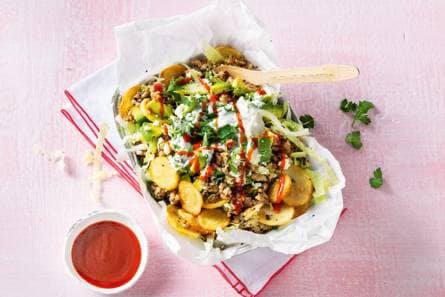 Kapsalon kip met airfryer-aardappelschijfjes