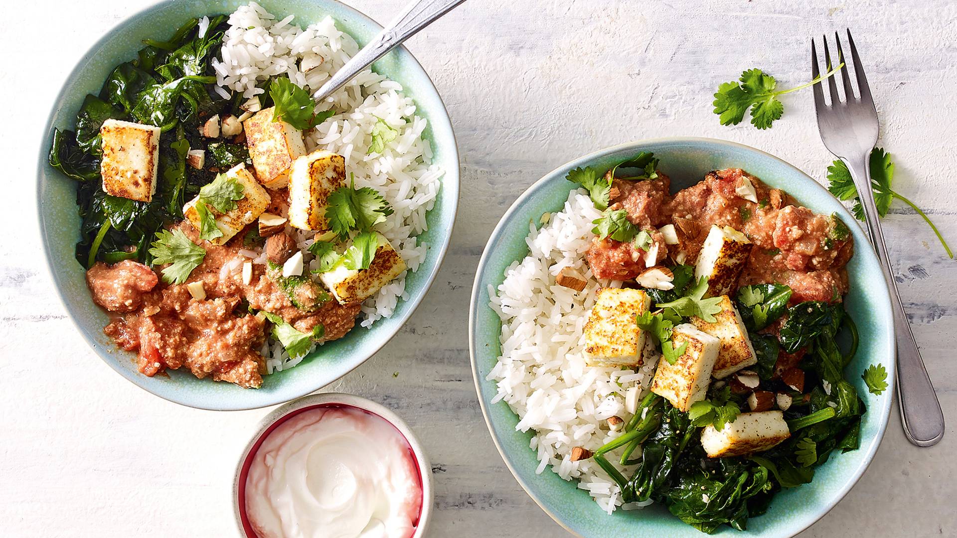 Vegetarische curry met paneer, spinazie & amandelen recept Allerhande