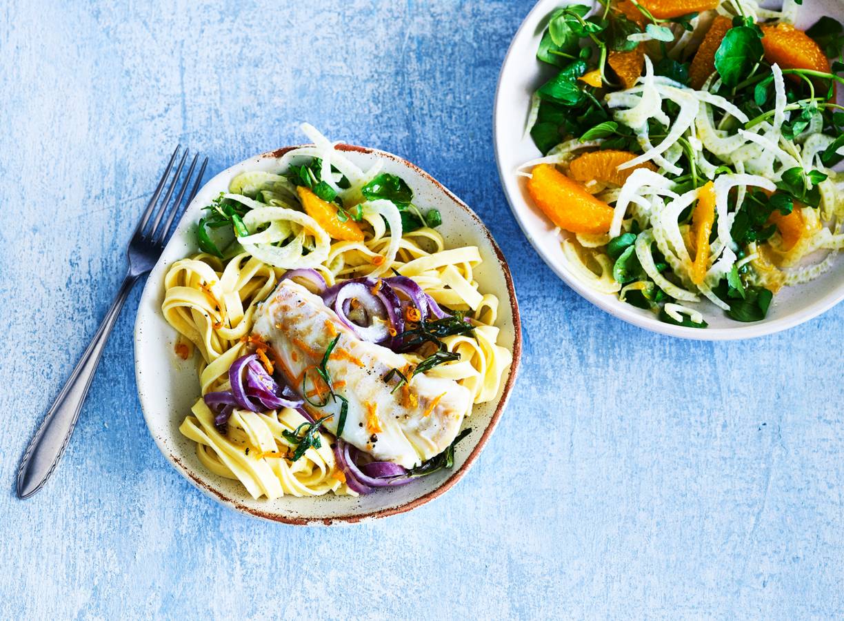 Kabeljauw met tagliatelle & venkel-waterkerssalade