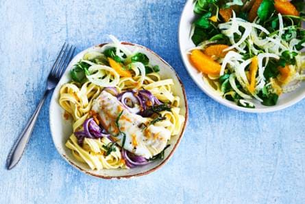 Kabeljauw met tagliatelle & venkel-waterkerssalade