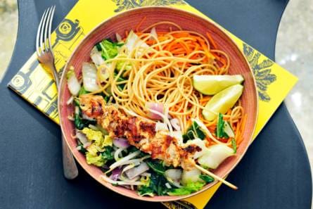 Volkorenpasta met zoete-aardappelspaghetti