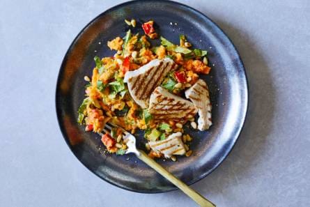 Andijviestamppot met zoete aardappel en kalkoenfilet