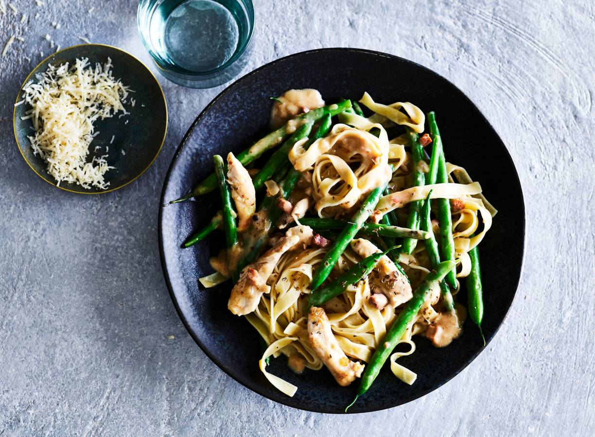 Tagliatelle carbonara met kip & sperziebonen